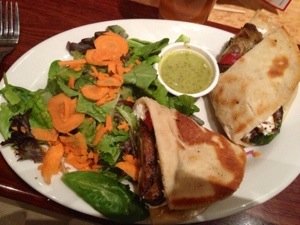 I got an AMAZING grilled veggie flatbread, and a salad with cilantro dressing. YUM. 
