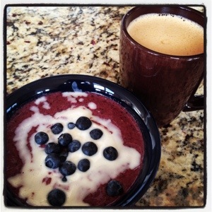 Berry beet kale smoothie, loads of coconut butter, and my new favorite coconut oil latte