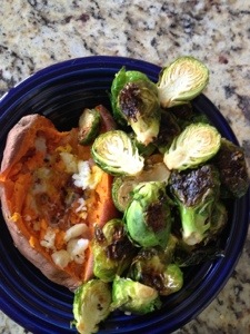 Sweet potato, coconut butter, roasted brussels. There's an egg in there too I think. 